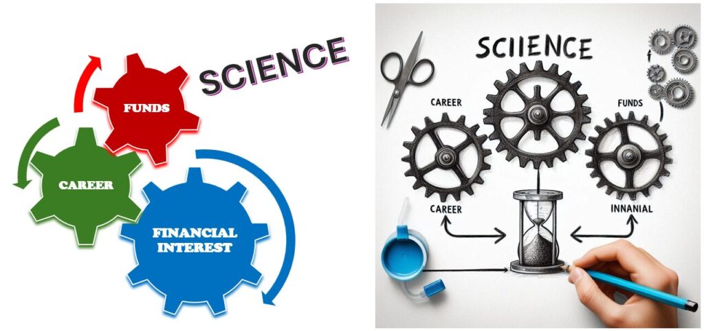 a collage of gears and scissors - Figure 1: illustration of « SCIENCE subject to wheels of career, funds and financial interests ». Left panel : author-made (PowerPoint); right panel: AI-generated (copilot.microsoft.com- with its AI generated approximations from the input: drawing the word “science” under 3 cogwheels named “career”, “funds” and “financial interest”).